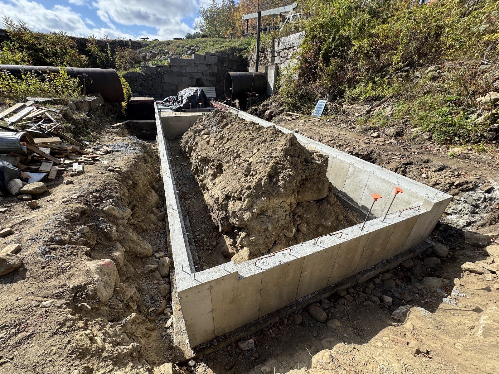 Concrete forms at the pumphouse footings.